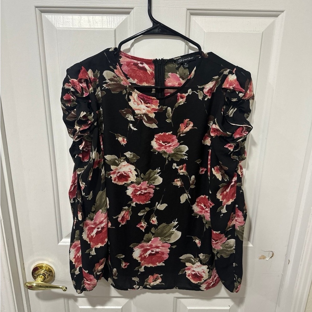 Shinestar Black and Pink Floral Blouse